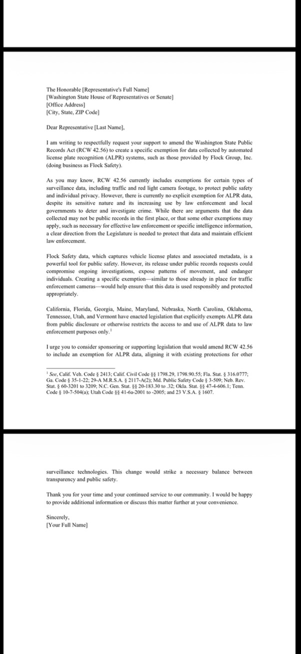 <b>Template legislative letter.</b> Draft language asks lawmakers to create a specific Public Records Act exemption for ALPR data.