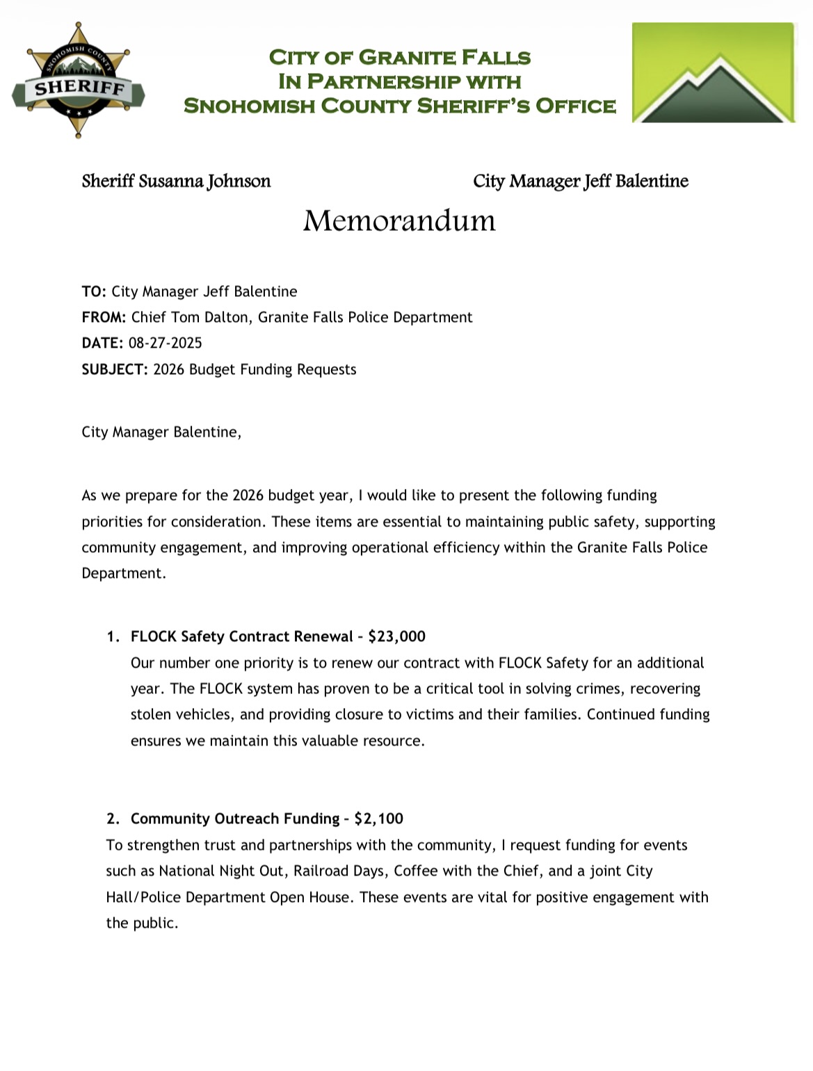 2026 police budget memorandum