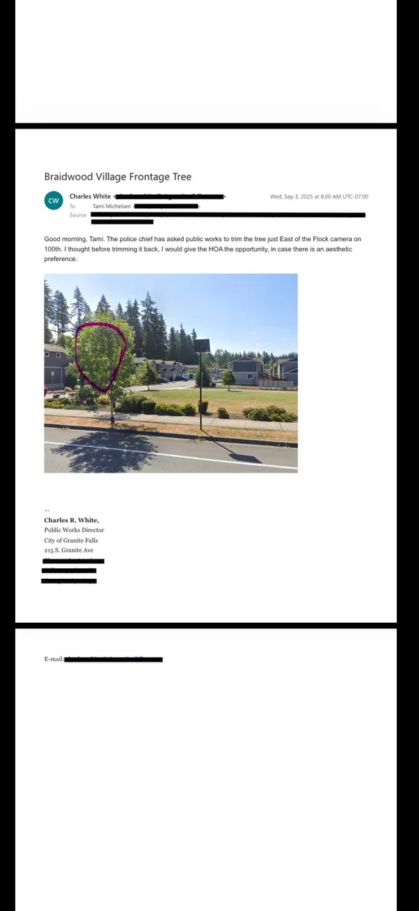<b>Public Works correspondence · Sept. 2025.</b> Photo included with the tree-obstruction discussion.