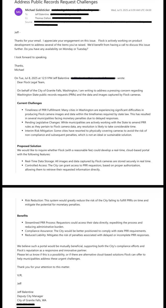 <b>City ↔ Flock Legal · July 2025.</b> Granite Falls asks about a cloud-based public-records solution.