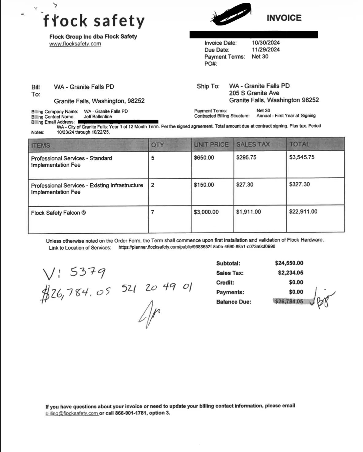 <b>Flock invoice · Oct. 30, 2024.</b> Seven Falcon cameras are listed for Granite Falls.