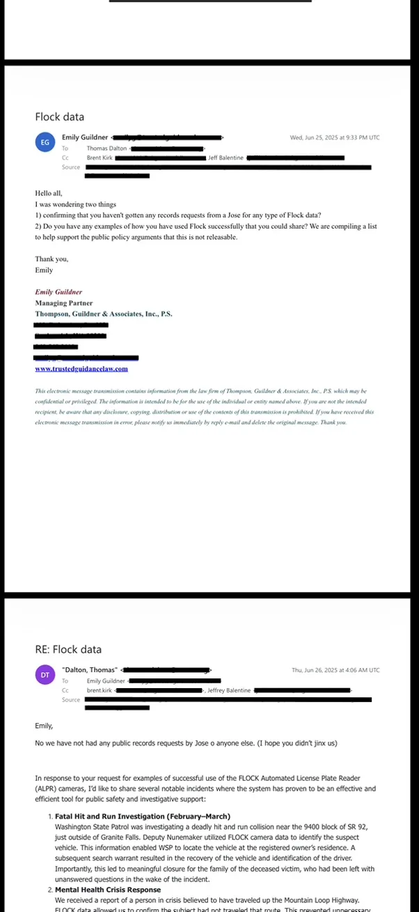 <b>Email · June 25, 2025.</b> Counsel asks whether Granite Falls had received a Flock records request.