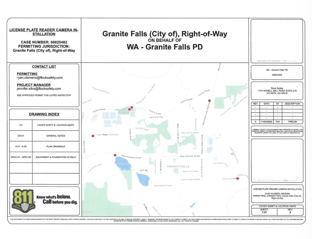 <b>Location-plan cover sheet.</b> The permit packet maps the planned Granite Falls camera sites.