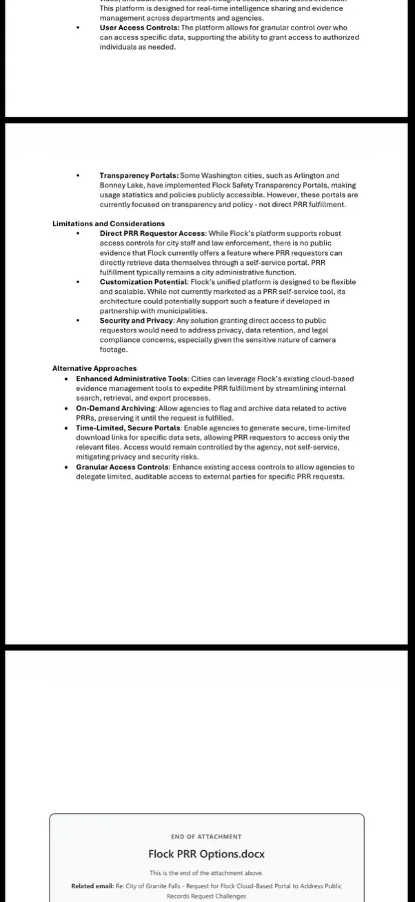 <b>Flock PRR Options attachment.</b> City-authored material outlines the public-records problem and possible technical approaches.