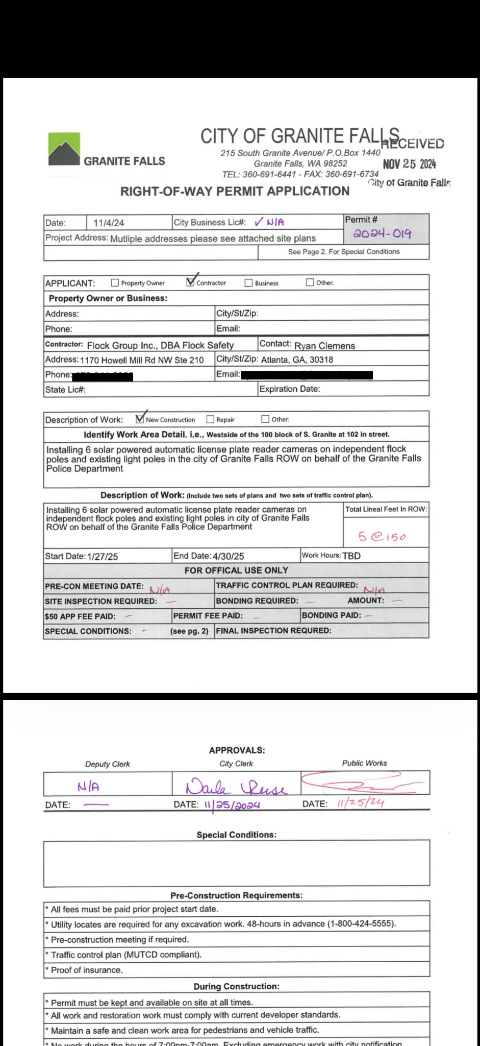 Granite Falls right-of-way permit application