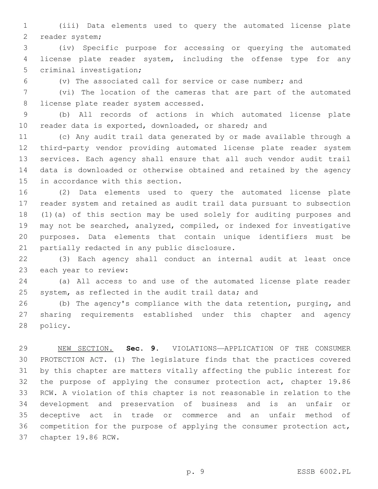 <b>ESSB 6002 · page 10.</b> Audit records must include query purpose, case/call number, camera location, exports/downloads/shares and vendor audit data; agencies must conduct an internal audit at least annually.