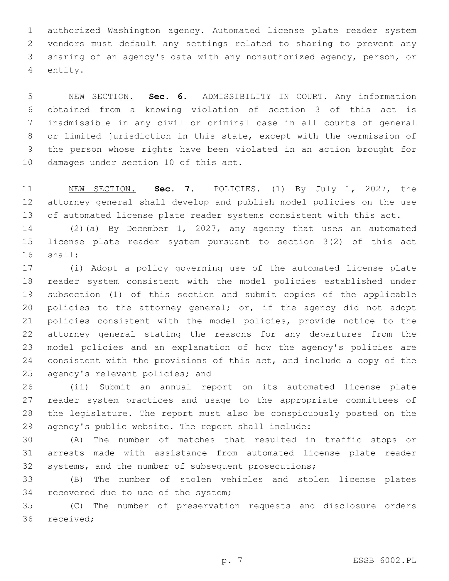 <b>ESSB 6002 · page 8.</b> Vendors may not change sharing permissions without agency knowledge and explicit consent; the page also begins the policy and reporting requirements.