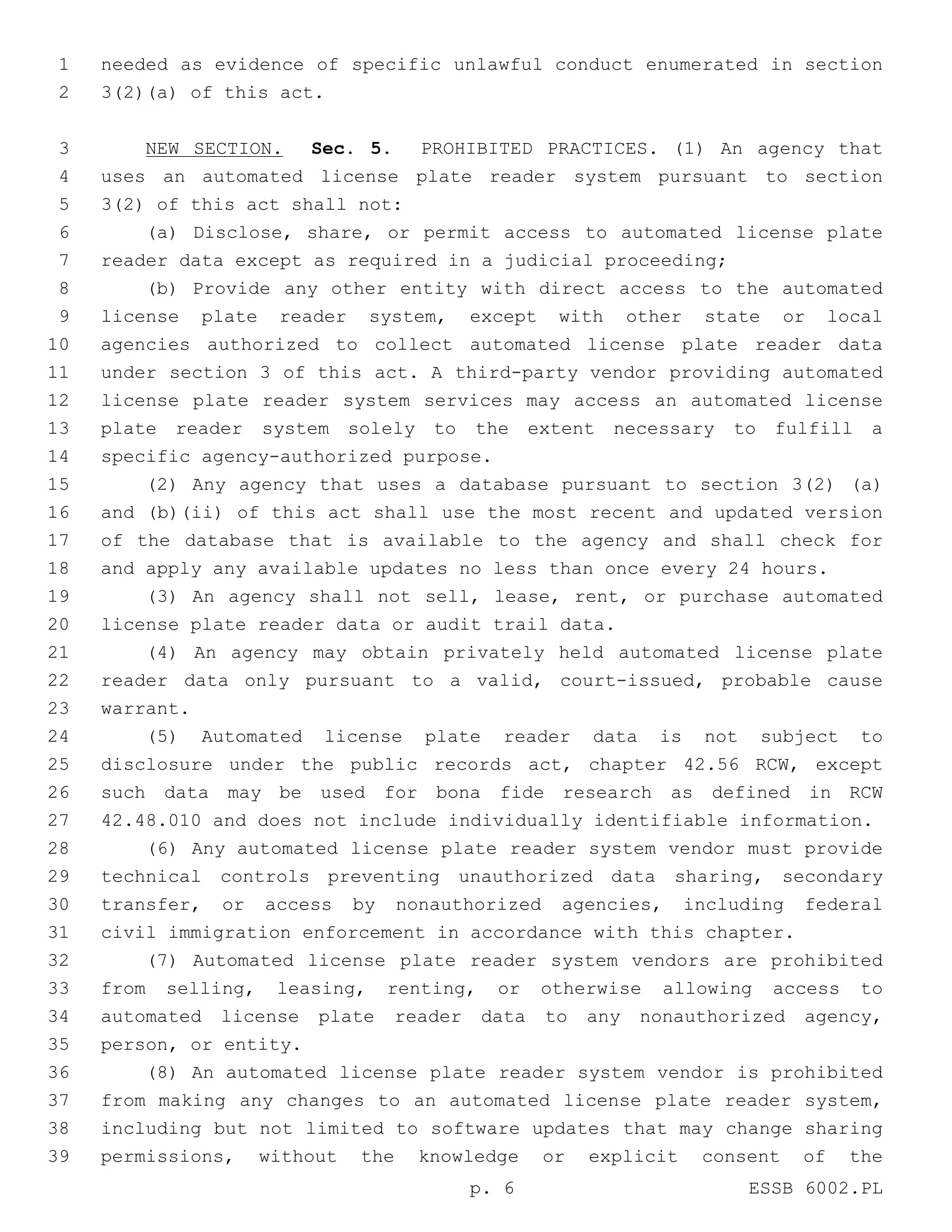 <b>ESSB 6002 · page 7.</b> The law restricts direct access and sharing, requires technical controls against unauthorized access, and limits vendor access to an agency-authorized purpose.