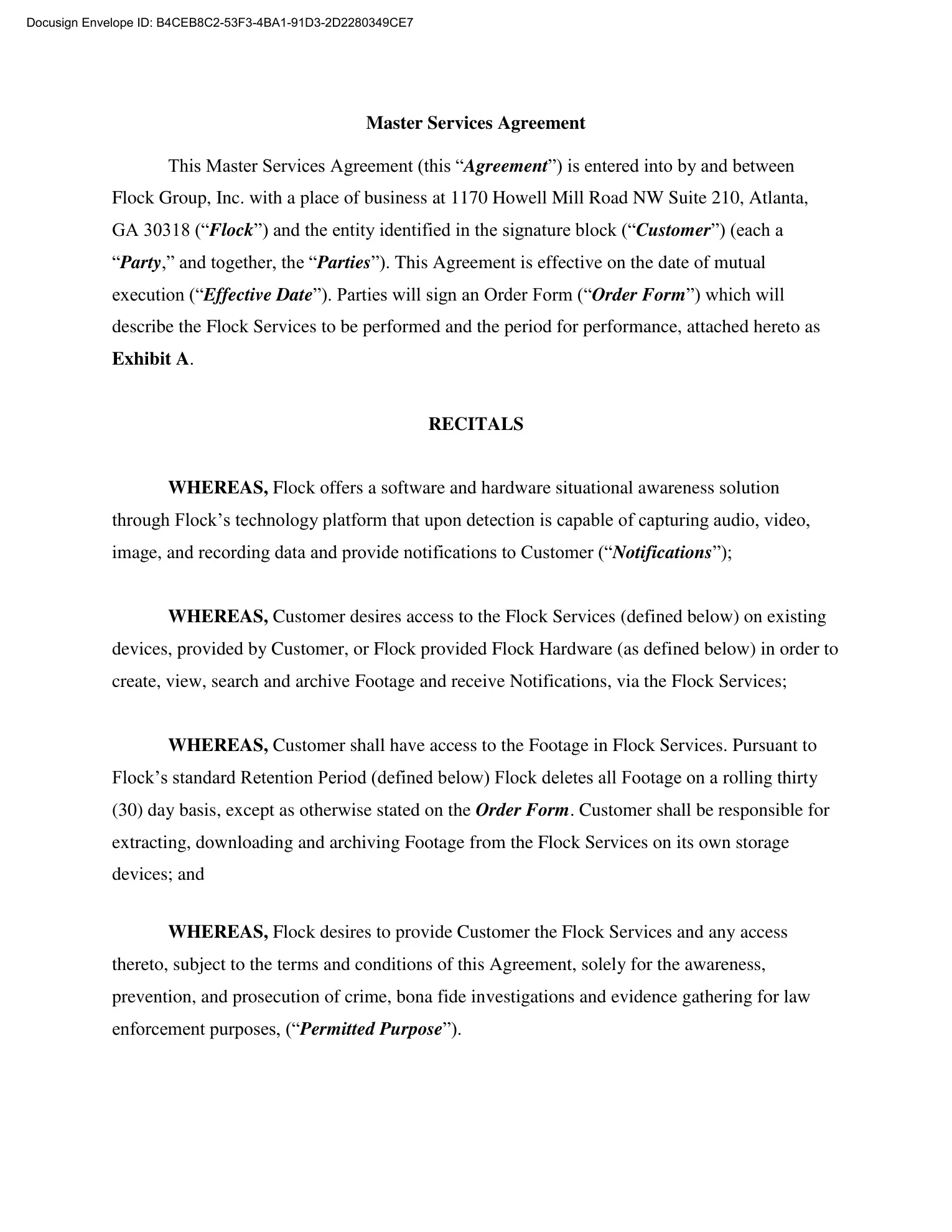 <b>Executed MSA · page 7.</b> The original agreement states that Flock deletes footage on a rolling 30-day basis unless the Order Form says otherwise.