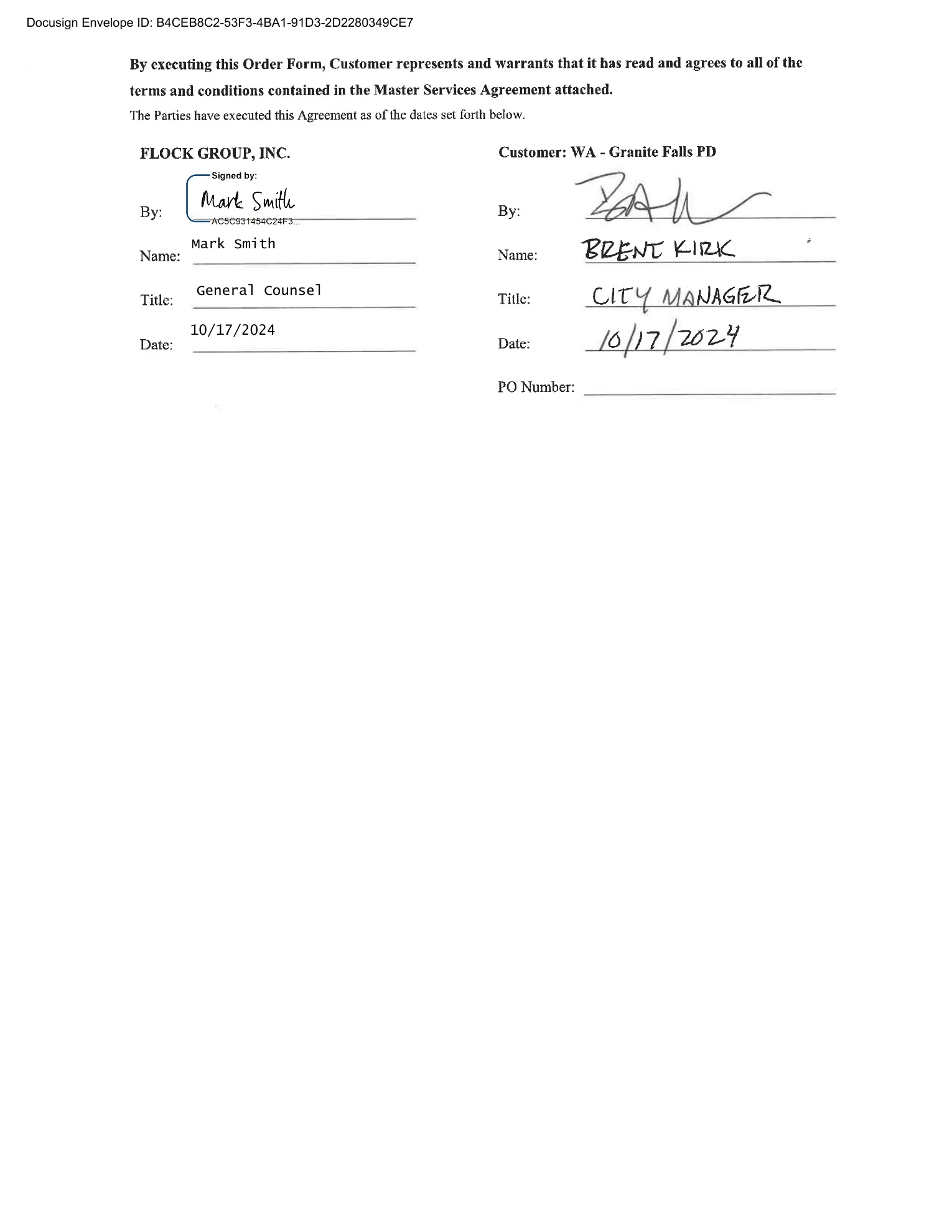<b>Signature page · Oct. 17, 2024.</b> Flock and Granite Falls execute the agreement.