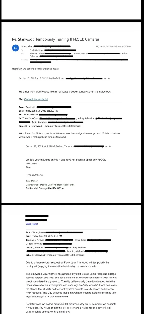 <b>Internal correspondence · June 13, 2025.</b> City officials, police and counsel discuss the Stanwood public-records dispute.