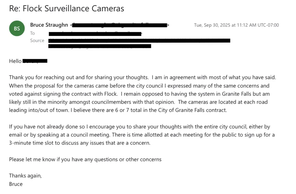 <b>Councilmember email · Sept. 30, 2025.</b> Straughn states his position on the system.